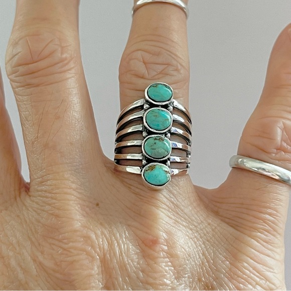 Sterling Silver 4 Round Genuine Turquoise Ring, Statement Rings, Stone Ring - Picture 5 of 13